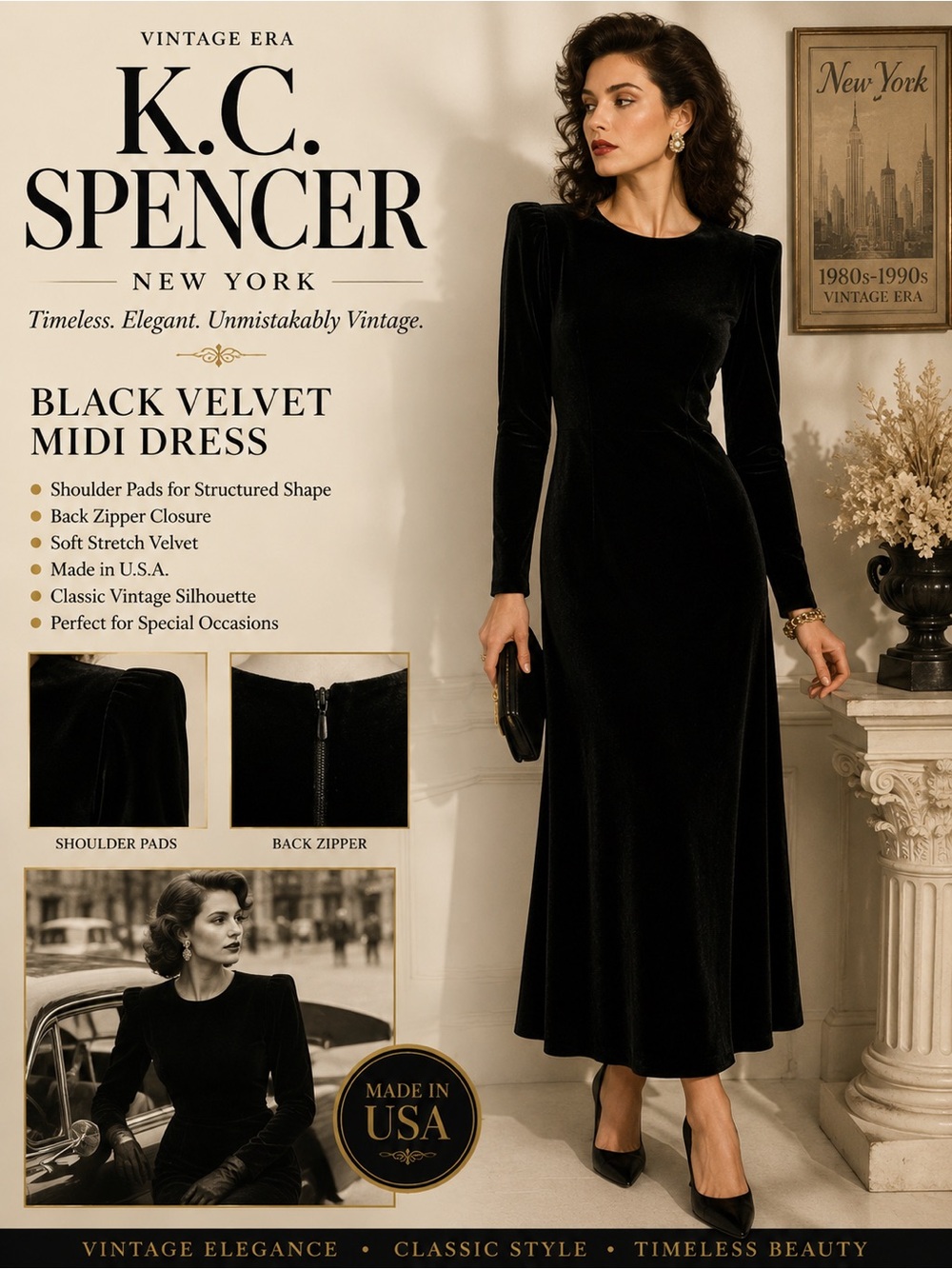 K.C. Spencer New York Black Velvet Dress Size 12 Vintage Made in USA